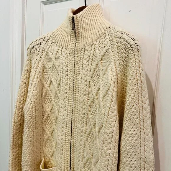 Carraig Donn Zip Up Sweater Cream Aran Cable Knit Fisherman Wool Ireland Heavy - Picture 8 of 16